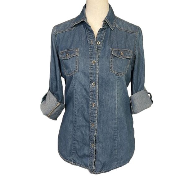 American Eagle American Blue Premium Denim 100% Cotton long sleeve top EUC - S - Picture 2 of 13